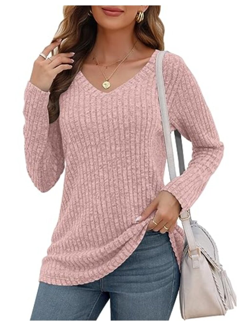 WNEEDU Women's Long Sleeve V-Neck Lightweight Sweater Pullover Tunic Top